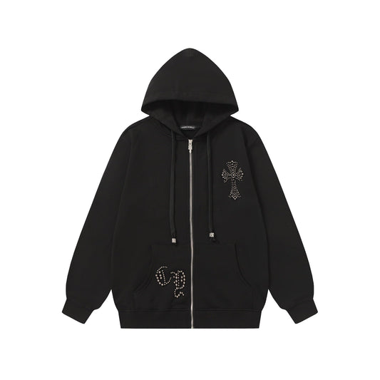 Chrome Hearts Rhinestone Cross Hoodie - Black Gothic Streetwear 2633