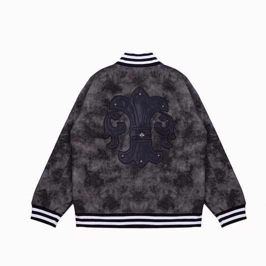 Chrome Hearts Fleur-de-lis Patch Varsity Jacket - Grey Tie-dye Outerwear A5588